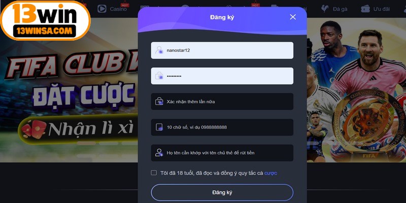Quá trình đăng ký ID hội viên 13win vô cùng đơn giản